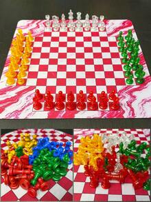 橡膠 4 人對弈棋盤套組 13.7 英吋，附紅色大理石紋可捲曲棋盤，64 件 Staunton 塑膠棋子（透明、純色）– 適合多人策略與益智遊戲、家庭聚會及禮品 - 彩色 - 查看 6