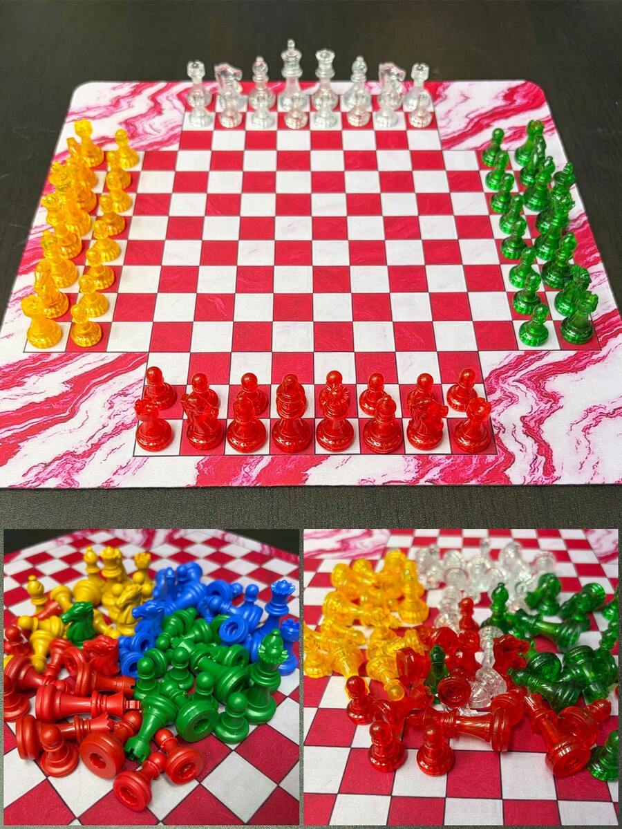 Rubber 4-Player Chess Set 13.7 Inches With Red Marble-Patterned Rollable Board 64-Piece Staunton Plastic Pieces (Transparent, Solid Colours) – Ideal For Multiplayer Strategy And Puzzle Games, Family Gatherings And As A Gift - Multicolor - View 1