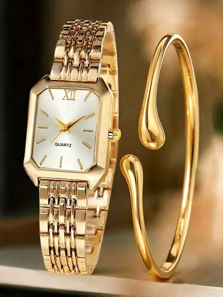 Women's Elegant Elegant Steel Band Square Dial Quartz Wristwatch, Classic Luxury Style (1pc/Set), Watch Box Not Included - Gold - View 1