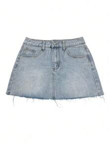 Minifalda de mezclilla con dobladillo deshilachado estilo vintage Y2K, falda ajustado ajustada de cintura alta con forma de corazón, diseño de verano, vestido de verano para mujer, ropa de v - Gris Oscuro - Ver 1