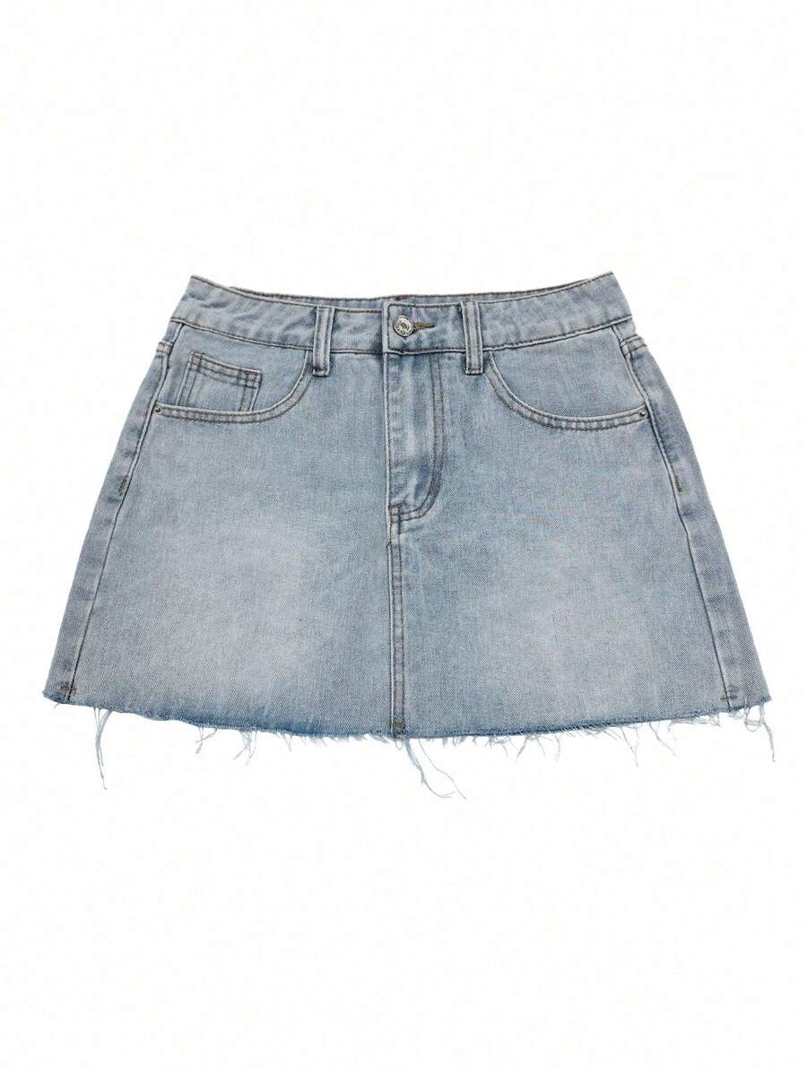 Minifalda de mezclilla con dobladillo deshilachado estilo vintage Y2K, falda ajustado ajustada de cintura alta con forma de corazón, diseño de verano, vestido de verano para mujer, ropa de v - Gris Oscuro - Ver 1