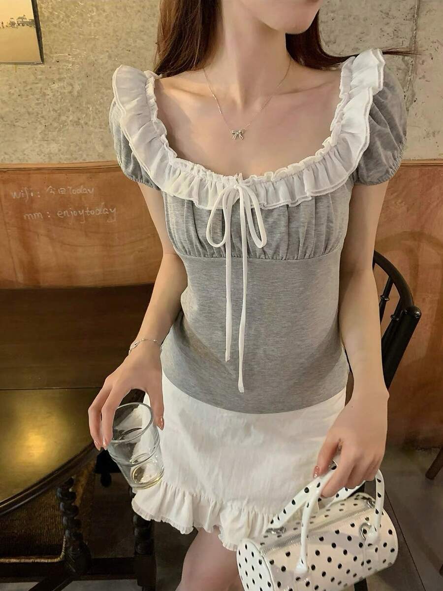 Off-Shoulder Lace Sexy Sweet Ruffle Hem Patchwork Short Sleeve T-Shirt, Summer Tops For Women - Grey - View 1