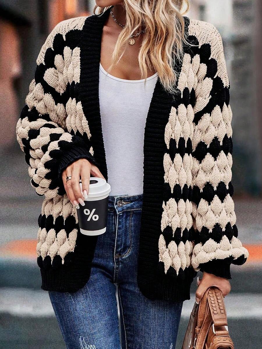 Women's Knitted Cardigan Sweater, Open Front Loose Fit Lantern Long Sleeve, Contrast Color Zigzag Wave Stripe Chunky Knit Detail, Thick Textured Knit Fabric, Women's Autumn Apparel, Street Casual Outerwear - Multicolor - View 1