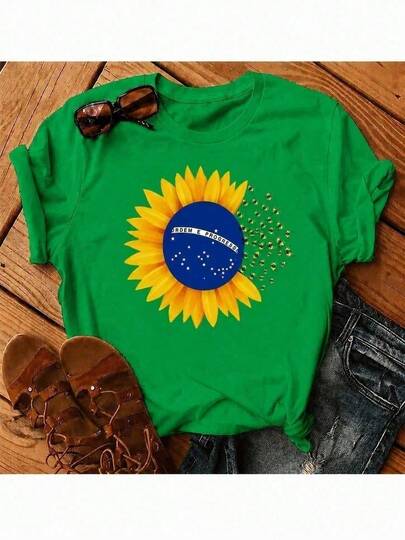 Camiseta Blusa Copa Brasil Feminina Girassol e Borboletas do Brasil Estilosa 2026 100% Algodão Promoção