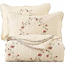 vctops Juego de colcha de 3 piezas con bordado floral, 100 % algodón, reversible, 1 edredón y 2 fundas de almohada, matrimonial/queen, flores - Rojo - Ver 2