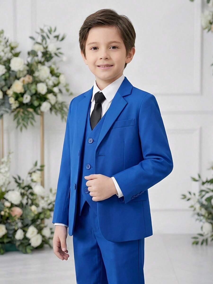 3-10岁男童四件套西装,幼儿燕尾服正式套装,包括外套、马甲、裤子、领带,浅灰色 - 寶藍色 - 查看 1