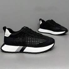 Men's Hollow Mesh Breathable Retro Thick Sole Sneakers, Chunky Sneakers Colorblock Striped Lightweight Non-Slip Shoes - Black - View 1