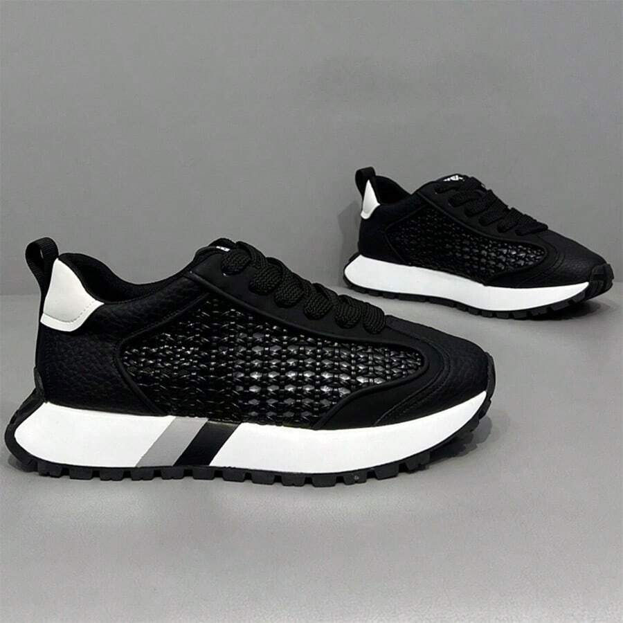 Men's Hollow Mesh Breathable Retro Thick Sole Sneakers, Chunky Sneakers Colorblock Striped Lightweight Non-Slip Shoes - Black - View 1
