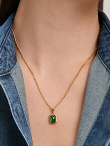 Ashenrae 1pc Vintage Green Square Zirconia & Gold Tone Stainless Steel Necklace For Women, Daily Wear Or Thanksgiving & Christmas Gifts - Yellow Gold - View 1