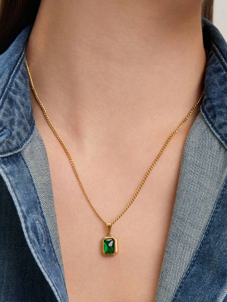 Ashenrae 1pc Vintage Green Square Zirconia & Gold Tone Stainless Steel Necklace For Women, Daily Wear Or Thanksgiving & Christmas Gifts - Yellow Gold - View 1