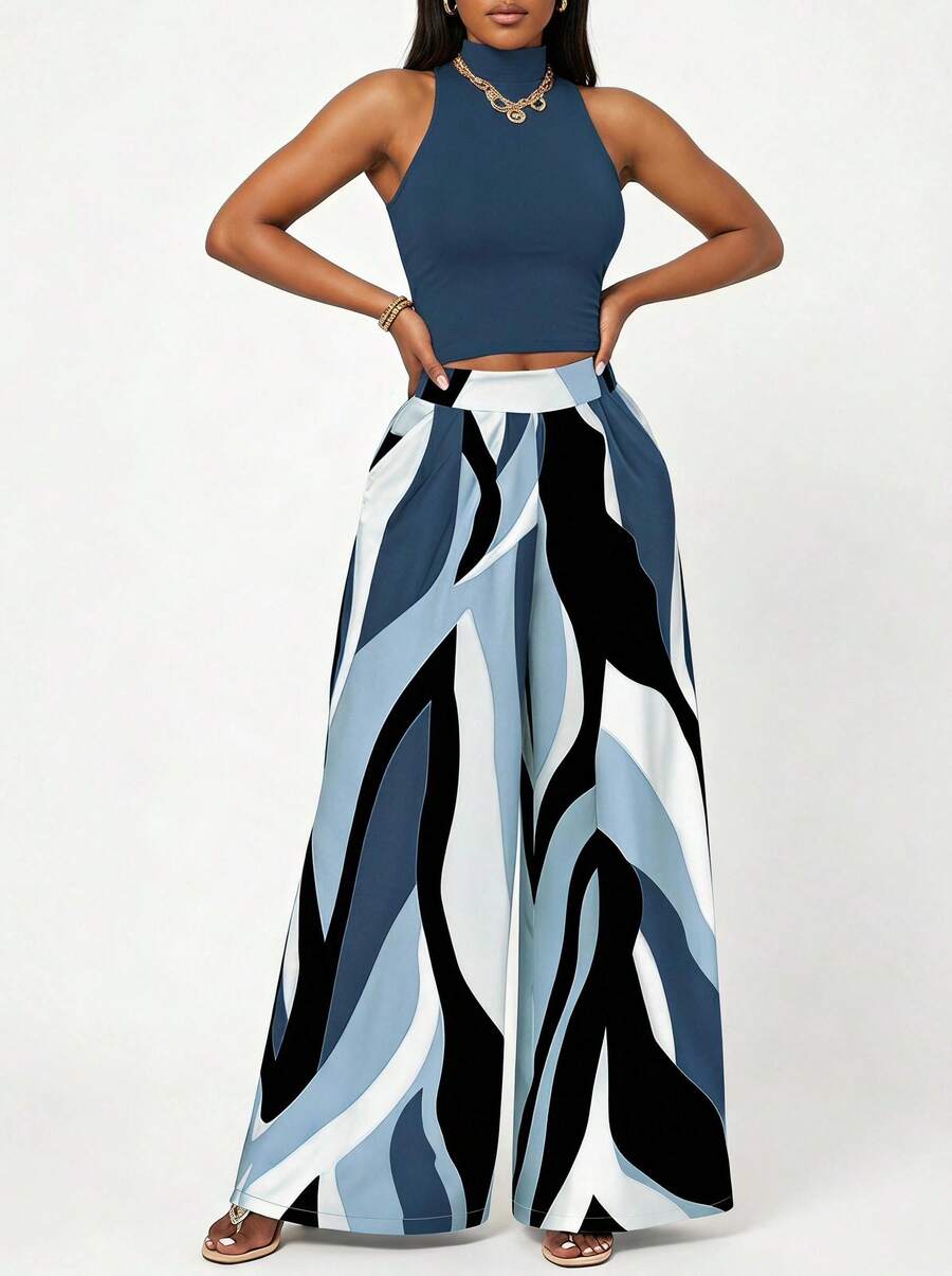 Blazique Women's Casual Vacation Style Ribbed Knit Mock Neck Sweater (Wavy Pattern) With Wide Leg Woven Pants 2 Pieces Set Summer Elegant - Navy Blue - View 1
