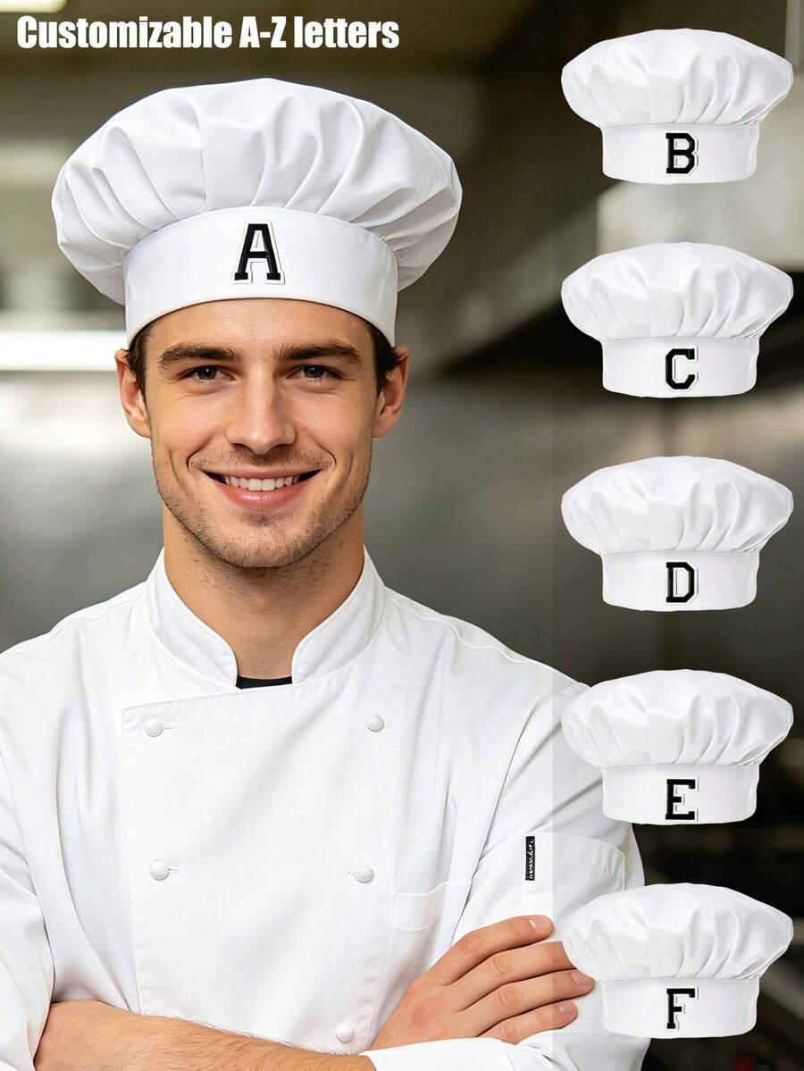 1pc White Chef Hat With Letter Print, Adjustable Kitchen Headwear For Cooking Baking Professional Unisex Breathable Cap Work Accessory - White - View 1