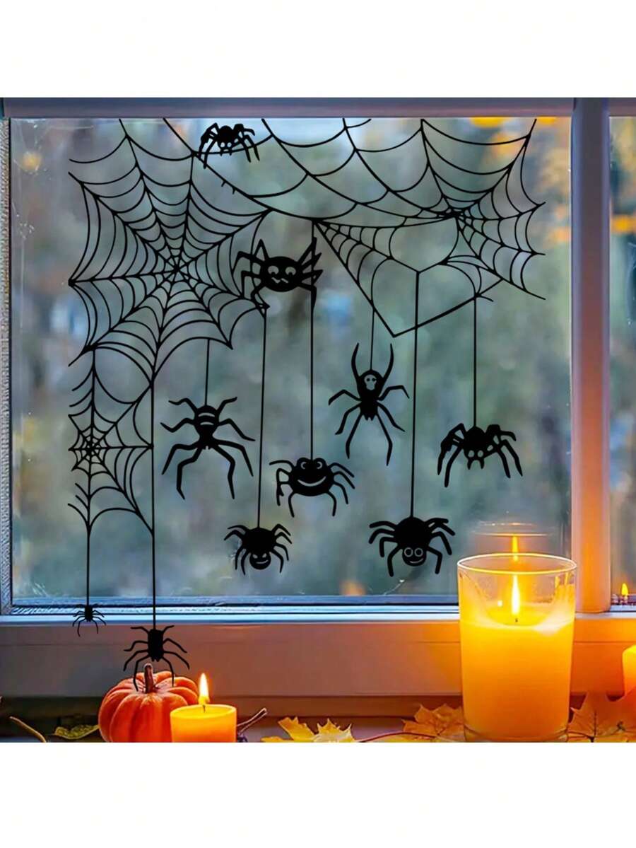 1pc Halloween Cartoon Spider Web Spider Decorative Sticker, Self-Adhesive Removable PVC Material, Suitable For Room, Bathroom Decoration, Wall Decoration, Home Window Decoration, Halloween Party Decoration Sticker, Theme Birthday Party Decoration - Multiple Styles - View 1