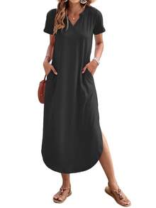 Vestido maxi para mujer OutfitShow con bolsillos, casual, de manga corta y cuello en V, para verano. - Negro - Ver 4