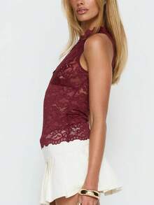 Women's Sexy Burgundy Lace Halter Neck Sleeveless Hollow Out Elegant Party Top - 酒紅色 - 查看 6