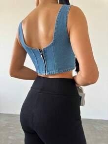 Women Structured Crop Top With Wide Shoulder Straps, Seamed Bust Cups, And A Fitted Corset-Inspired Silhouette. - Medium Wash - View 3