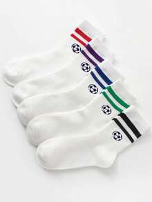 1/5 pares de calcetines deportivos blancos de media caña para niños, estilo primavera/verano, diseño clásico de doble raya de colores con patrón de fútbol, suaves y amigables con la piel, cómodos, versátiles y casuales para estudiantes, adecuados para la vuelta al colegio, eventos deportivos, uso diario/regalos de vacaciones/Copa del Mundo/temporada de vuelta al colegio - Multicolor - Ver 6