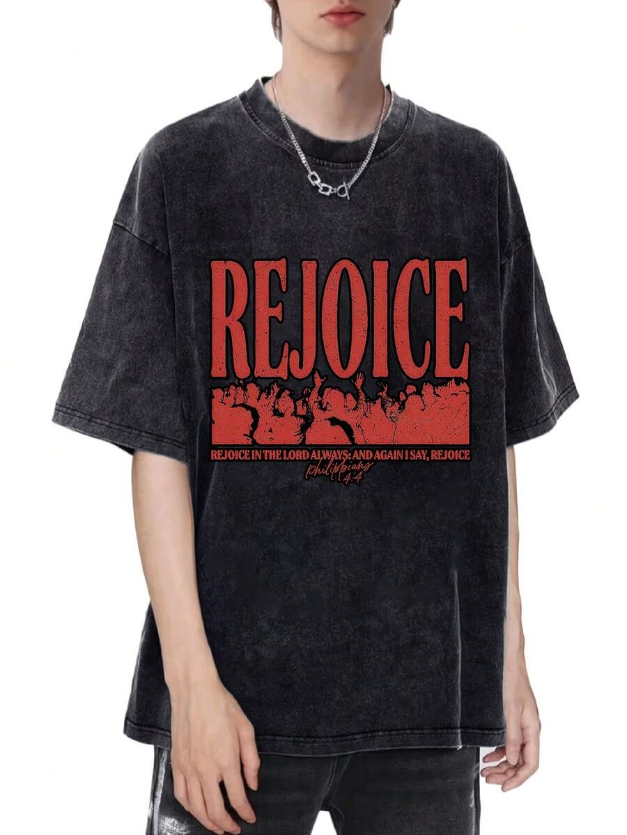 Camiseta Lavada para Hombre con Estampado de Letras 'No Thanksgiving', Estilo Casual, Elástica, Vintage, para la Calle - Negro - Ver 1