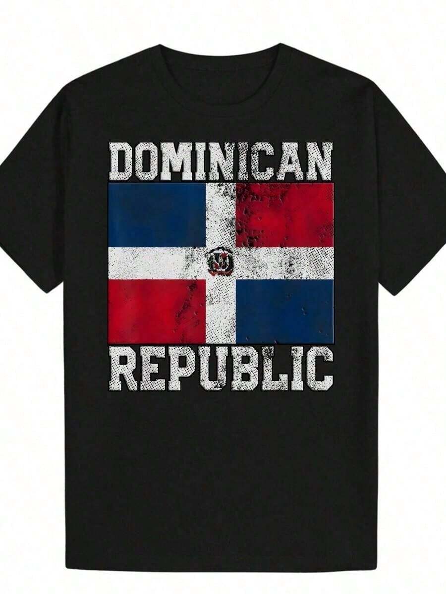 Camiseta unisex algodón bandera República Dominicana, estampado vintage desgastado.Cuello redondo manga corta corte regular, lavable máquina, cómoda, estilo urbano casual verano. - Negro - Ver 1