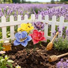 4 PIEZAS Comederos de cerámica multicolor hechos a mano, estacas decorativas para jardín al aire libre, bebederos para abejas con forma de flor, comederos para pájaros, abejas y mariposas - 4 piezas - Ver 9