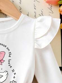 Baby Girl Cartoon Print Round Neck Long Sleeve Top And Skirt - White - View 3