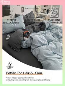 Juego de 2/3 piezas de funda nórdica azul claro & gris oscuro, ropa de cama, 1 funda nórdica + 1 o 2 fundas de almohada, textiles para el hogar suaves & cómodos, ropa de cama para dormitorios de niños & niñas, estilo INS fresco, lavable a máquina, sin relleno - Celeste - Ver 2