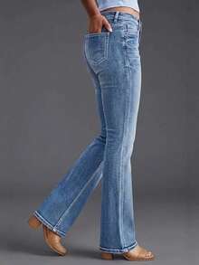 Nuevos jeans casuales de mujer con botones y bolsillos - Jeans de pierna recta de alta calidad, aptos para uso diario - Jeans de mujer talla grande vendidos de primavera - Azul - Ver 3