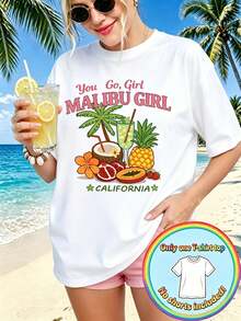 Y2K Style Women's Cotton T-Shirt, 1 Piece Of Plus Size Women's Summer Clothing, With "You Go, / MALIBU / CALIFORNIA" Print And California Tropical Fruit Motifs. - 白色 - 查看 1