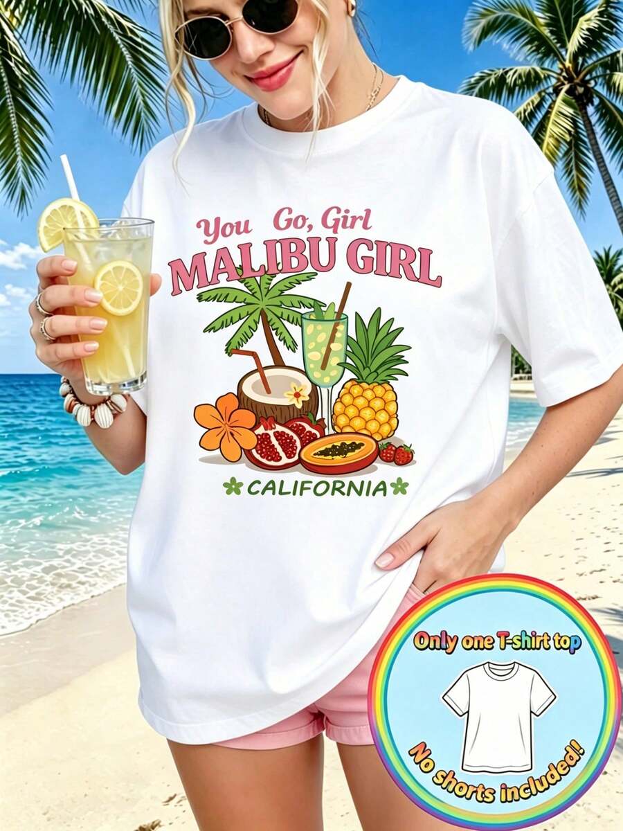 Y2K Style Women's Cotton T-Shirt, 1 Piece Of Plus Size Women's Summer Clothing, With "You Go, / MALIBU / CALIFORNIA" Print And California Tropical Fruit Motifs. - 白色 - 查看 1