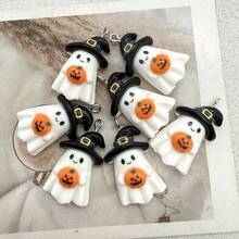 6pcs Resin Halloween White Ghost Pendants With Black Hat And Pumpkin, Suitable For DIY Jewelry Making, Perfect For Party Accessories, Earrings, Necklaces, Bag Charms - Black Hat Holding a Pumpkin Ghost Pendant - View 6