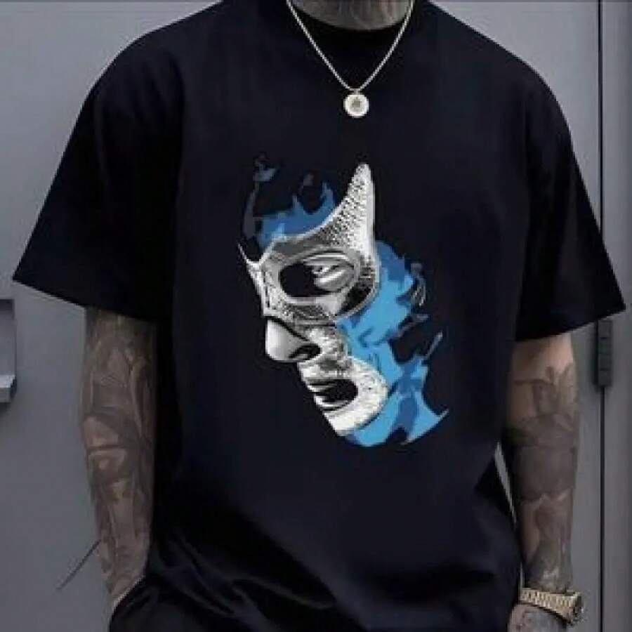 Men's T-Shirt With Classic Video Game Character Design, Casual And Modern Style, Perfect For Gamers. - Blue and White - View 1