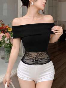 2026 Lace Patchwork Open Shoulder Knit Top, Fitted Black Short Knit Sweater, Sweet & Cool Knit Sweater For Young Ladies, Suitable For Spring/Summer Daily, Party, Music Festival, Elastic Knit Fabric, Slim Fit For Women 18-35 Years Old - Black - View 1