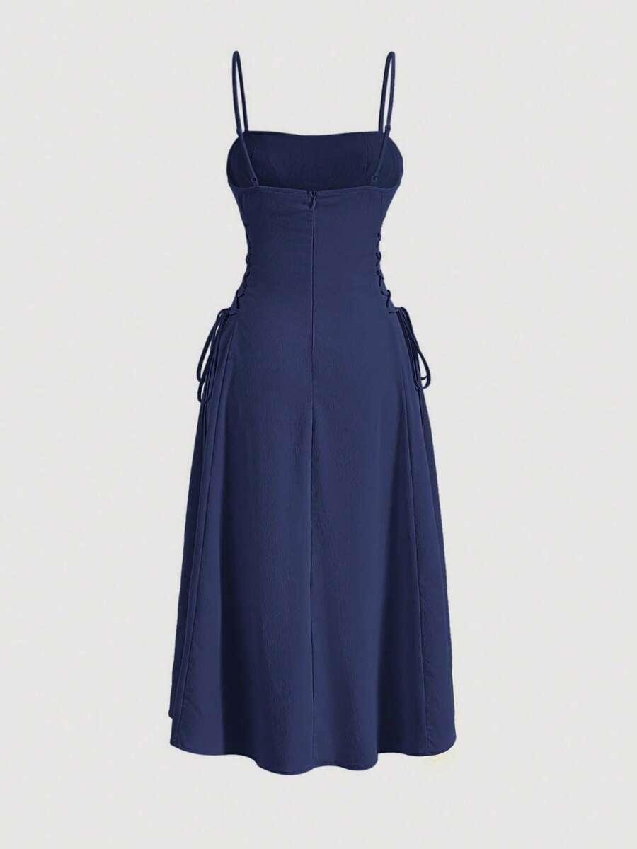 MOD Long Red Evening Dress With Pleats At The Bust And Lacing At The Sides, Summer Dresses For Women - Hitam dan kuning - View 1