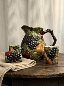 Silesian Style Handmade Ceramic Pot And Cup, Hand-Molded, Hand-Painted, Enhanced 3D Fruit Relief, Thick Texture Sculpted Grapevine, Cold Water Pitcher, Juice Pitcher, Tea Pot, Coffee Cup, Tea Cup, Milk Cup, Suitable For Daily Use And Gifts, Garden Parties, Family Gatherings - Multicolor - View 2