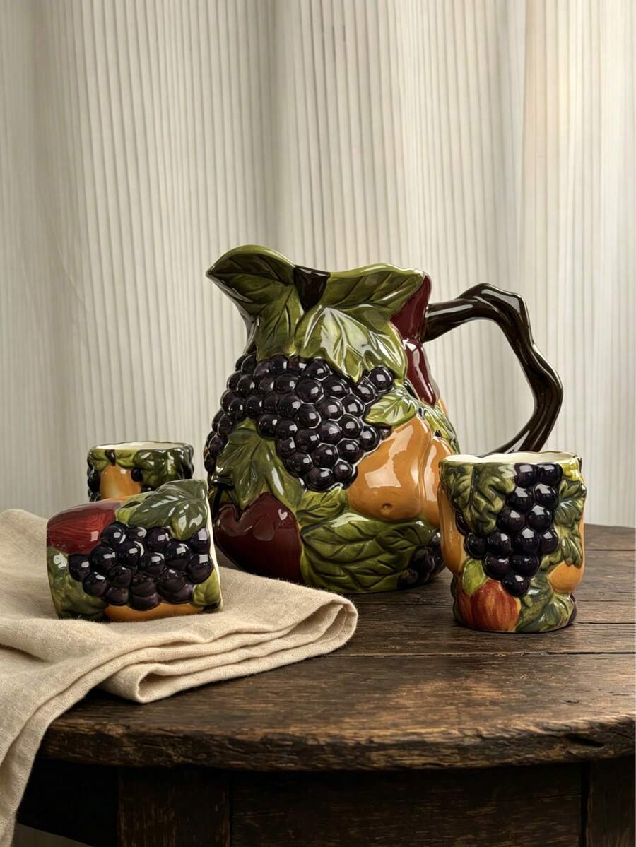 Silesian Style Handmade Ceramic Pot And Cup, Hand-Molded, Hand-Painted, Enhanced 3D Fruit Relief, Thick Texture Sculpted Grapevine, Cold Water Pitcher, Juice Pitcher, Tea Pot, Coffee Cup, Tea Cup, Milk Cup, Suitable For Daily Use And Gifts, Garden Parties, Family Gatherings