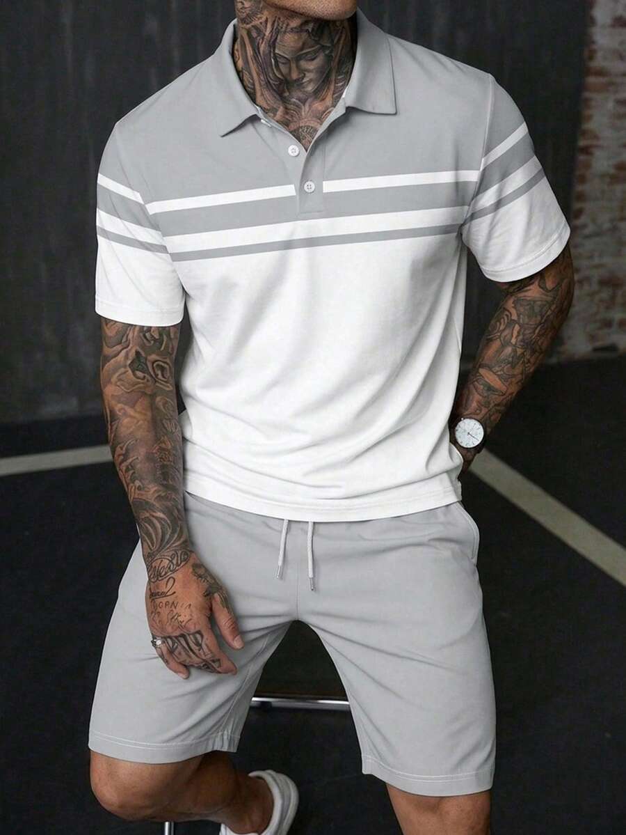DAZY 男士商务拼布印花短袖 Polo 衫和短裤套装 - 彩色 - 查看 1