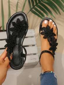 Women's Lace-Up Floral Sandals With Toe Straps, 2026 Summer New Style, Suitable For Beach, Vacation, Casual And Travel - Black - View 1