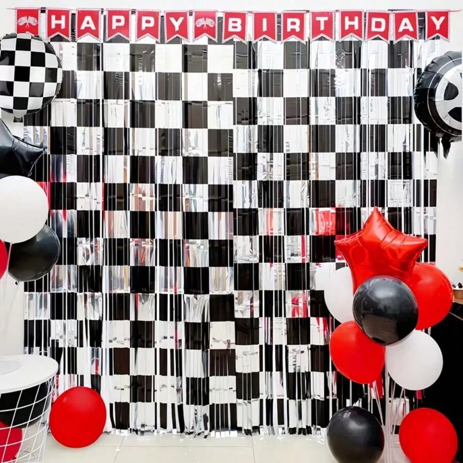 1件/2件裝賽車主題金屬箔流蘇簾,78*39英吋黑白格紋流蘇簾,賽車主題生日派對裝飾簾,適用於賽車主題拍照道具裝飾、派對背景、節日裝飾與生日派對佈置 - A - 查看 1