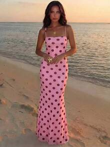 Elegant Women's Dress With Floral Print And Open Back, Summer Clothes, Beach Outfits For Women, Beach Vacation Clothes, Party Outfits, Bridesmaids - 玫紅色 - 查看 9