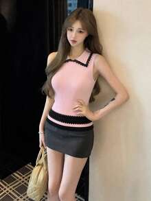 女款對比色彼得潘領蕾絲拼接針織背心 夏季外套 百搭青春風打底上衣 粉色 - 粉色 - 查看 2