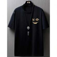 Camiseta de Cuello Redondo con Estampado para Hombre, Corte Regular, Ropa de Verano, Camiseta Casual de Manga Corta para Verano, Camiseta para Uso Diario, Ropa Casual de Calle - Negro - Ver 3