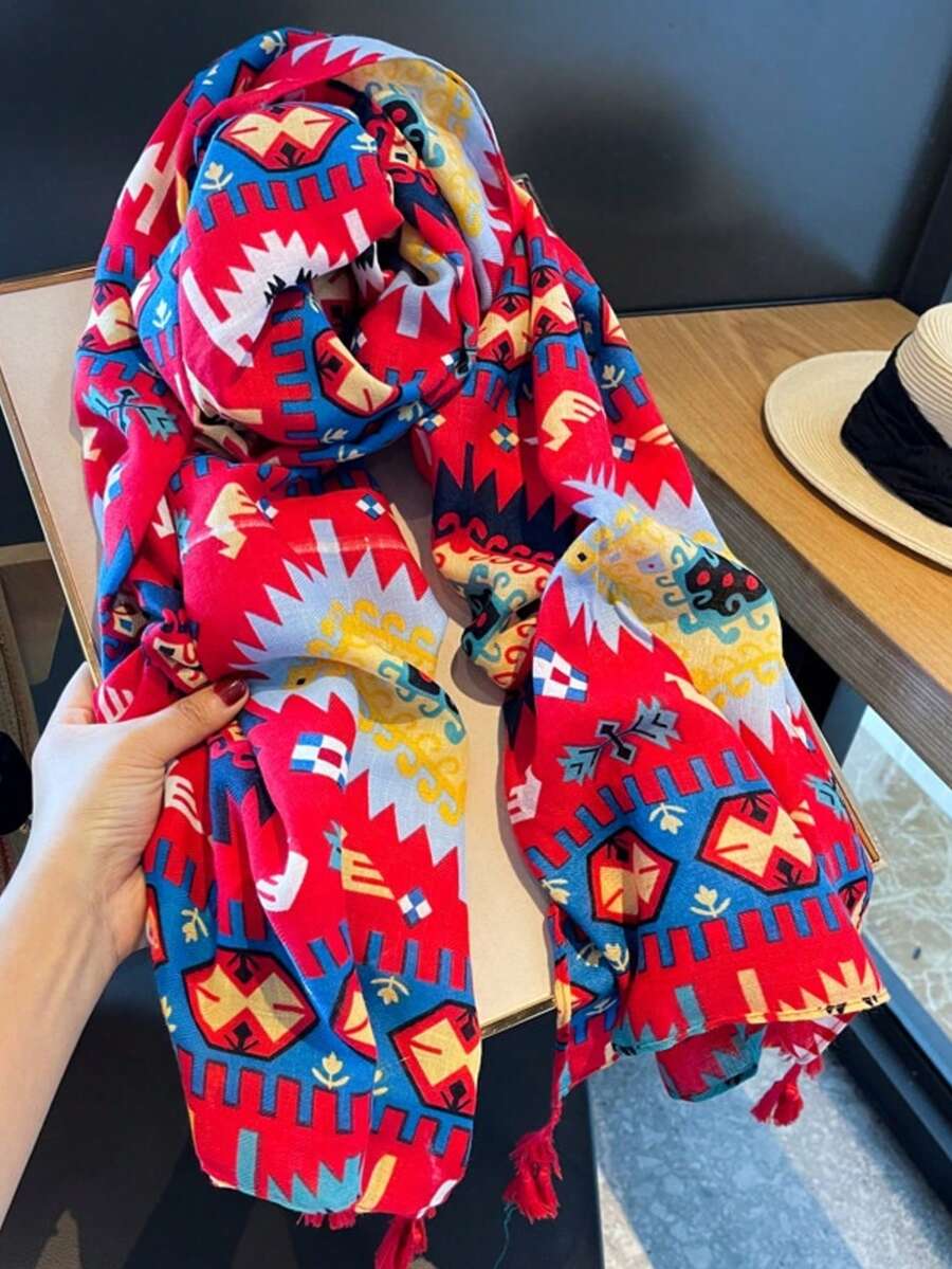 1pc New Sweet Heart Tassel Scarf For Women, Thin Spring/Summer Sun Protection Shawl For Travel, Beach And Air-Conditioned Room - Red - View 1