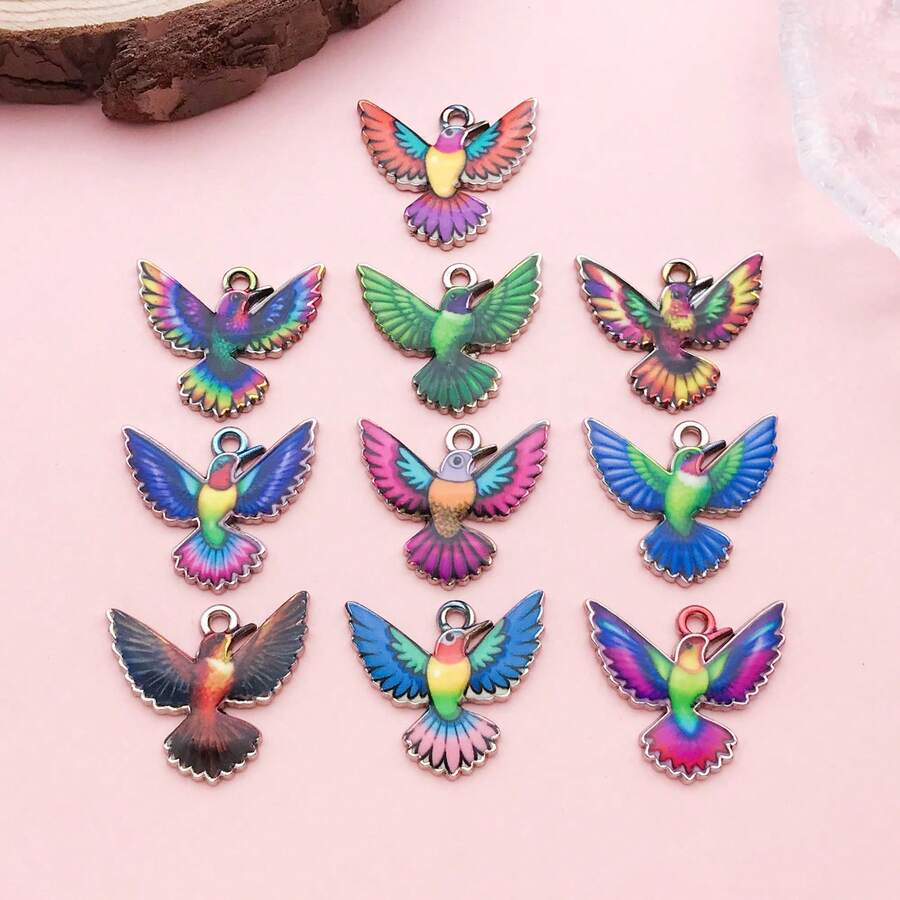 10Pcs Mixed Color Hummingbird Enamel Charms Bulk, Silvery Double Loops Bird Pendants For Jewelry Making, DIY Bracelet Necklace Earring Craft Supplies