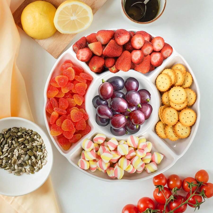 3pcs Divided Serving Trays, 10-Inch Shatterproof Chip & Dip Platter, Melamine Compartment Snack Server, Suitable For BBQ Picnic Party, Dishwasher , Ideal For Fruit, Vegetables, Candy, Snacks, Desserts - Five-grid Plate - View 1