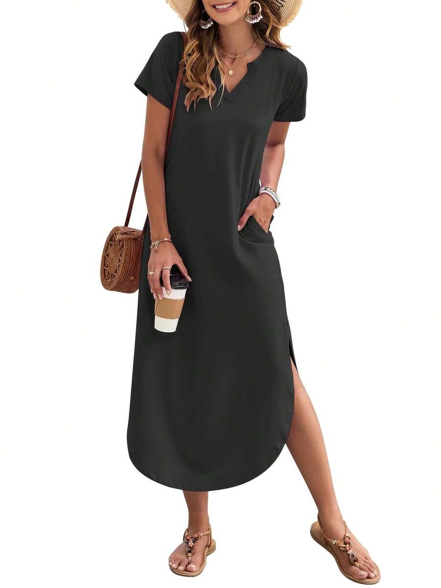 Vestido maxi para mujer OutfitShow con bolsillos, casual, de manga corta y cuello en V, para verano. - Negro - Ver 1