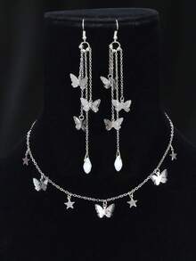 3pcs/Set New Silver Star Butterfly Pendant Long Chain Tassel Butterfly Earrings Evening Jewelry Set - Silver - View 1