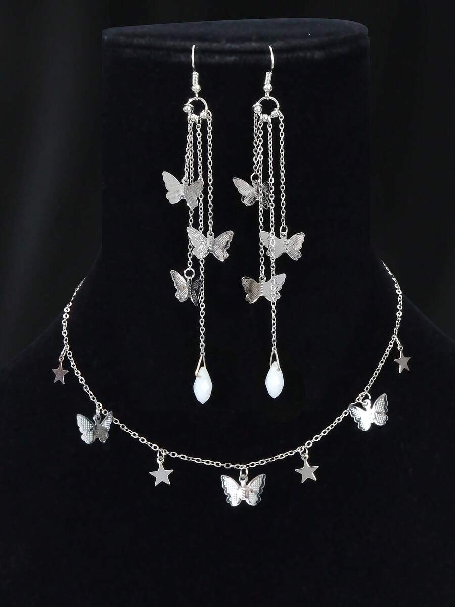 3pcs/Set New Silver Star Butterfly Pendant Long Chain Tassel Butterfly Earrings Evening Jewelry Set - Silver - View 1