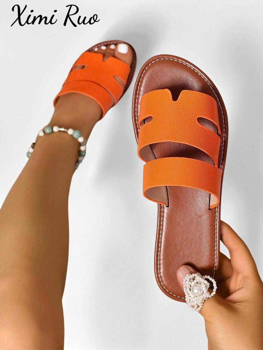 Ximi Ruo Wide Fit Rhinestone Embellished Comfortable Slippers, Korean Casual Flat Sandals For Women, Open Toe Slides For Spring, Summer, Beach, Casual Wear - Orange - View 1