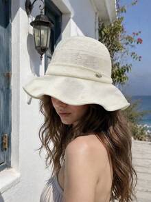 1pc Women's Linen Blend Wide Brim Bucket Hat, Textured Jacquard Wavy Brim Sun Hat, Lightweight Breathable Summer Hat, Suitable For Beach And Travel - A - View 1
