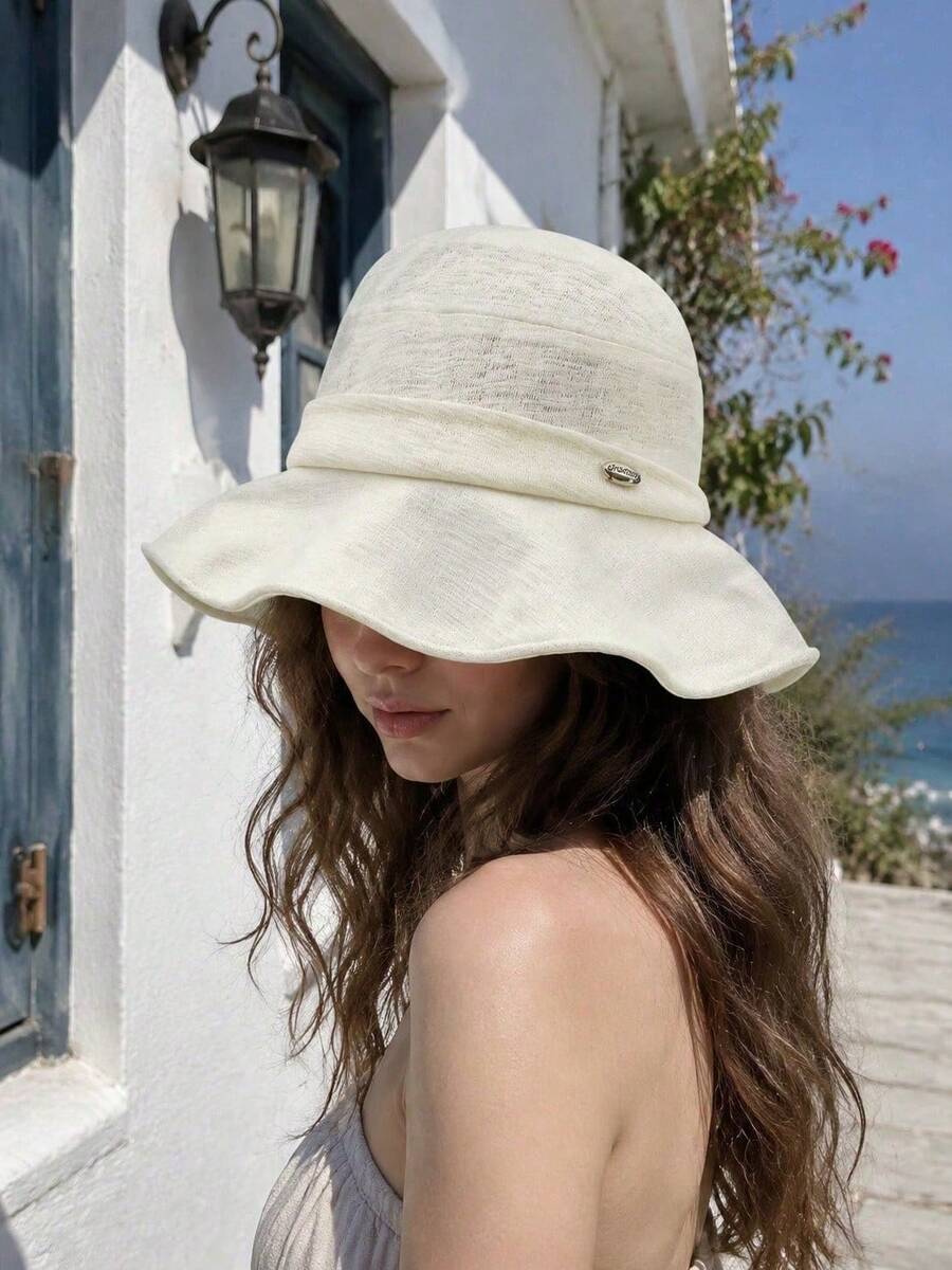 1pc Women's Linen Blend Wide Brim Bucket Hat, Textured Jacquard Wavy Brim Sun Hat, Lightweight Breathable Summer Hat, Suitable For Beach And Travel - A - View 1